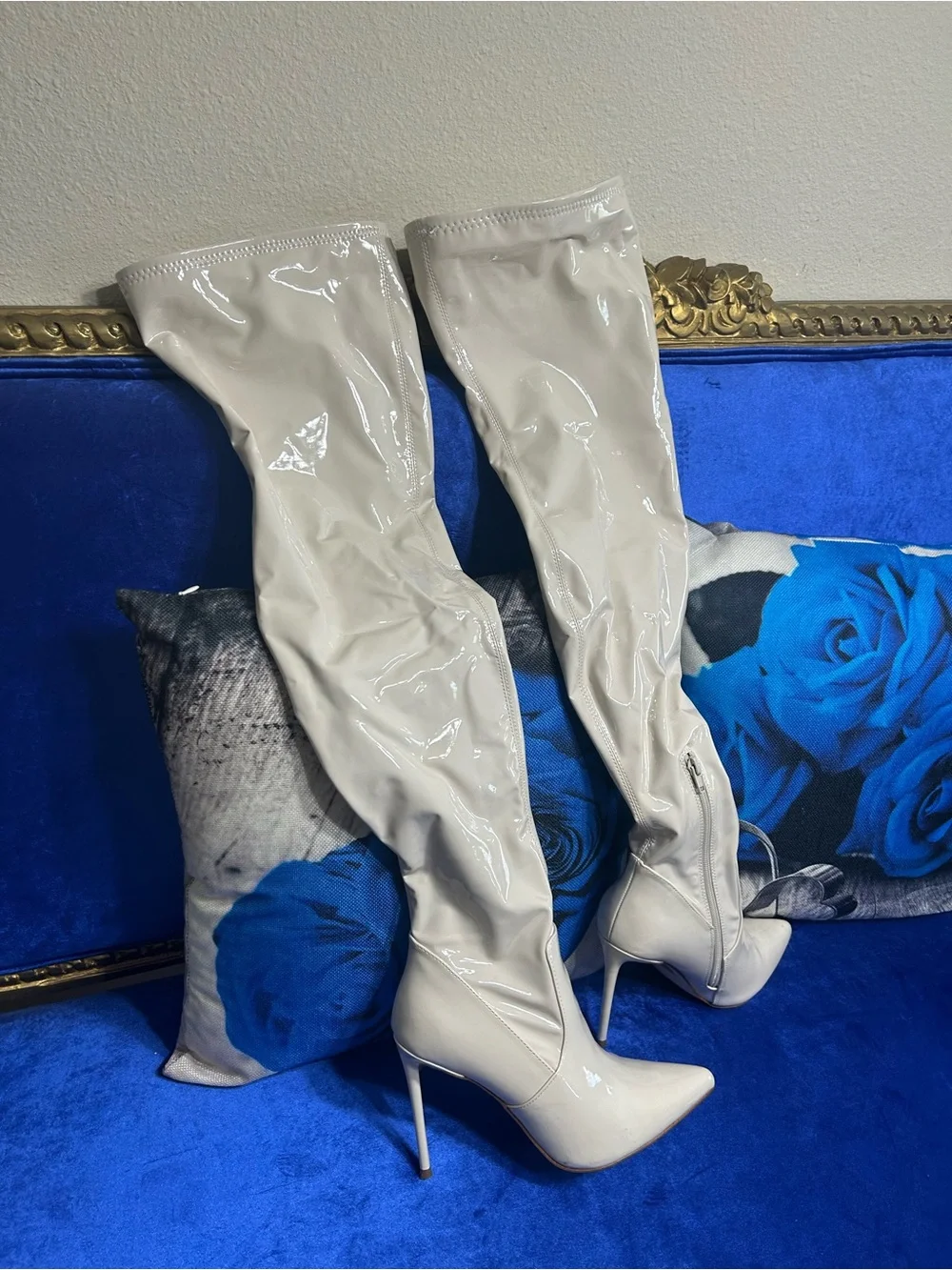 Steve Madden Cream Patent Over-the-Knee Stiletto Boots